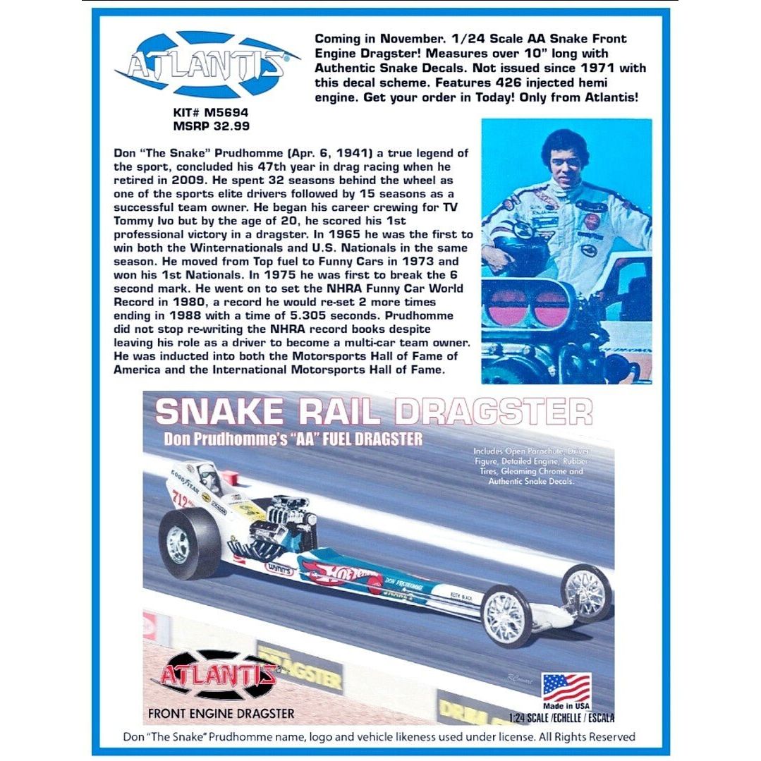 Atlantis Don Prudhomme Snake Front Engine Dragster - 1/24 Scale