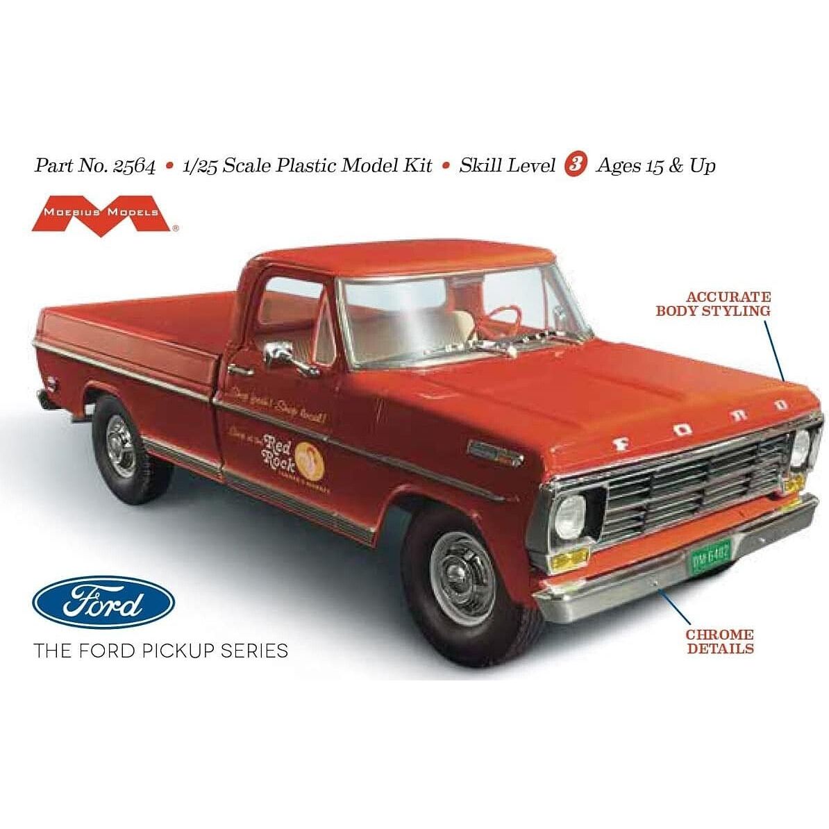 Moebius 1968 Ford F-250 Custom Cab Pickup 1/25 Scale Model Kit
